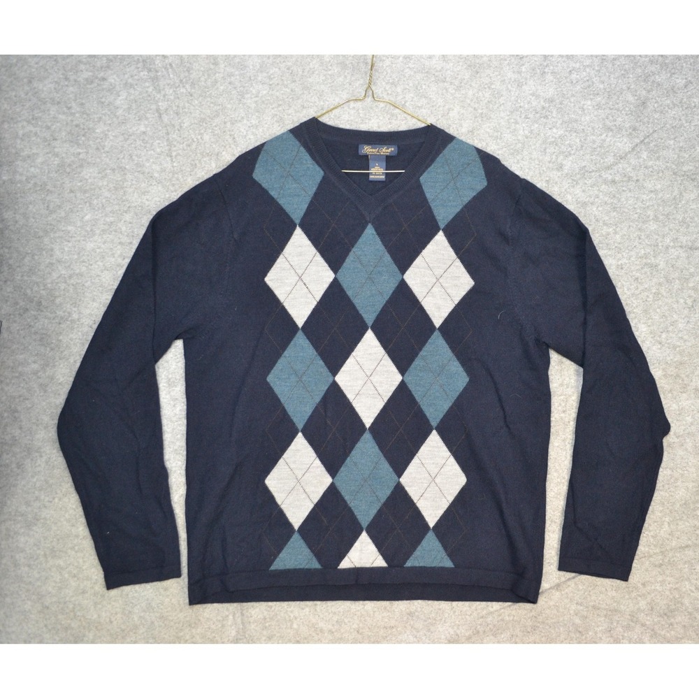 Garret Scott Sweater Mens Large Blue 100% Merino Wool V Neck Argyle Pullover‎